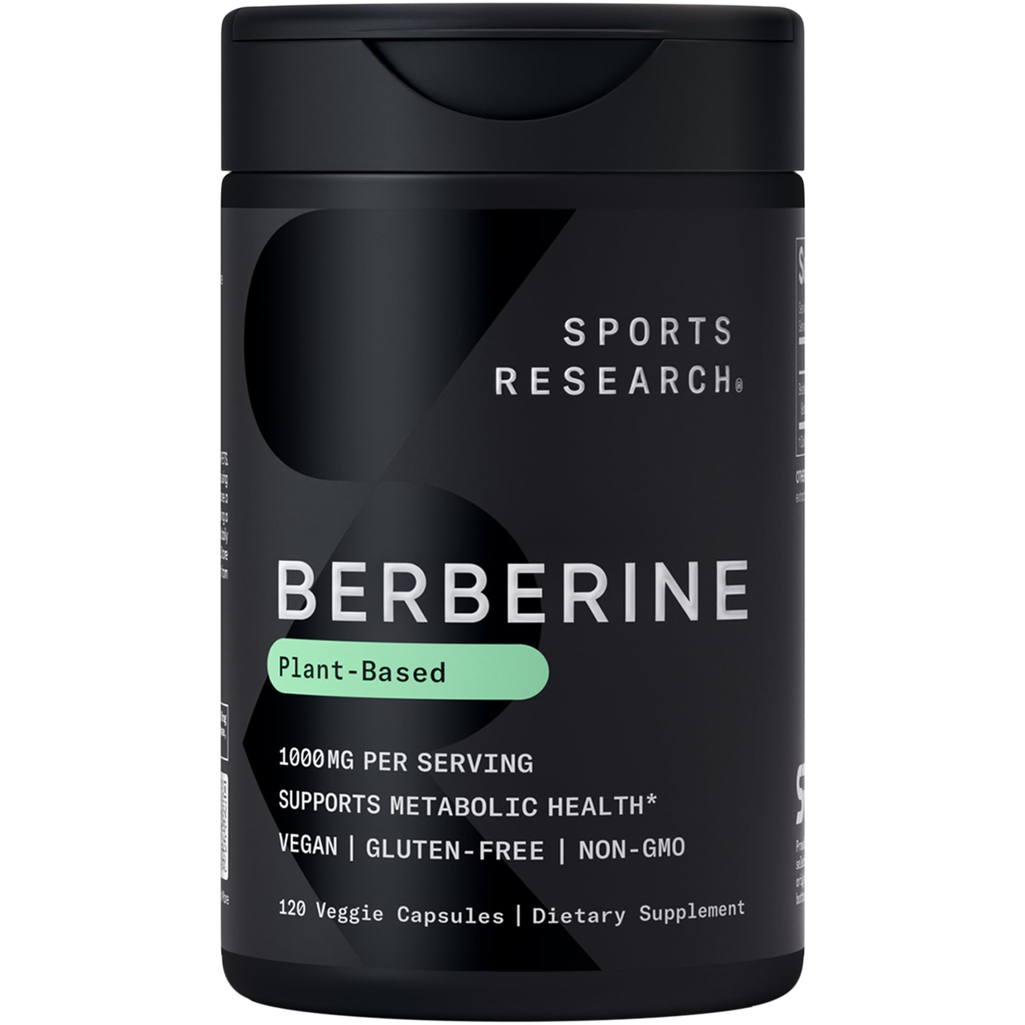 Sports Research Berberine bottle label highlights vegan and gluten-free credentials.