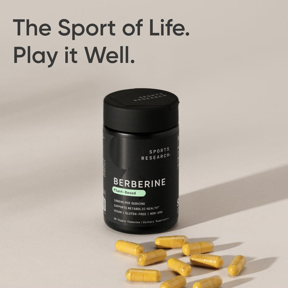 Stacked Sports Research Berberine bottles in a workout space.