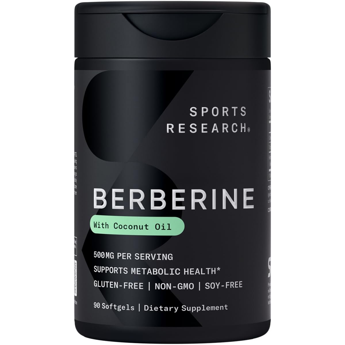 Sports Research Berberine softgels bottle with coconut oil for metabolic support.