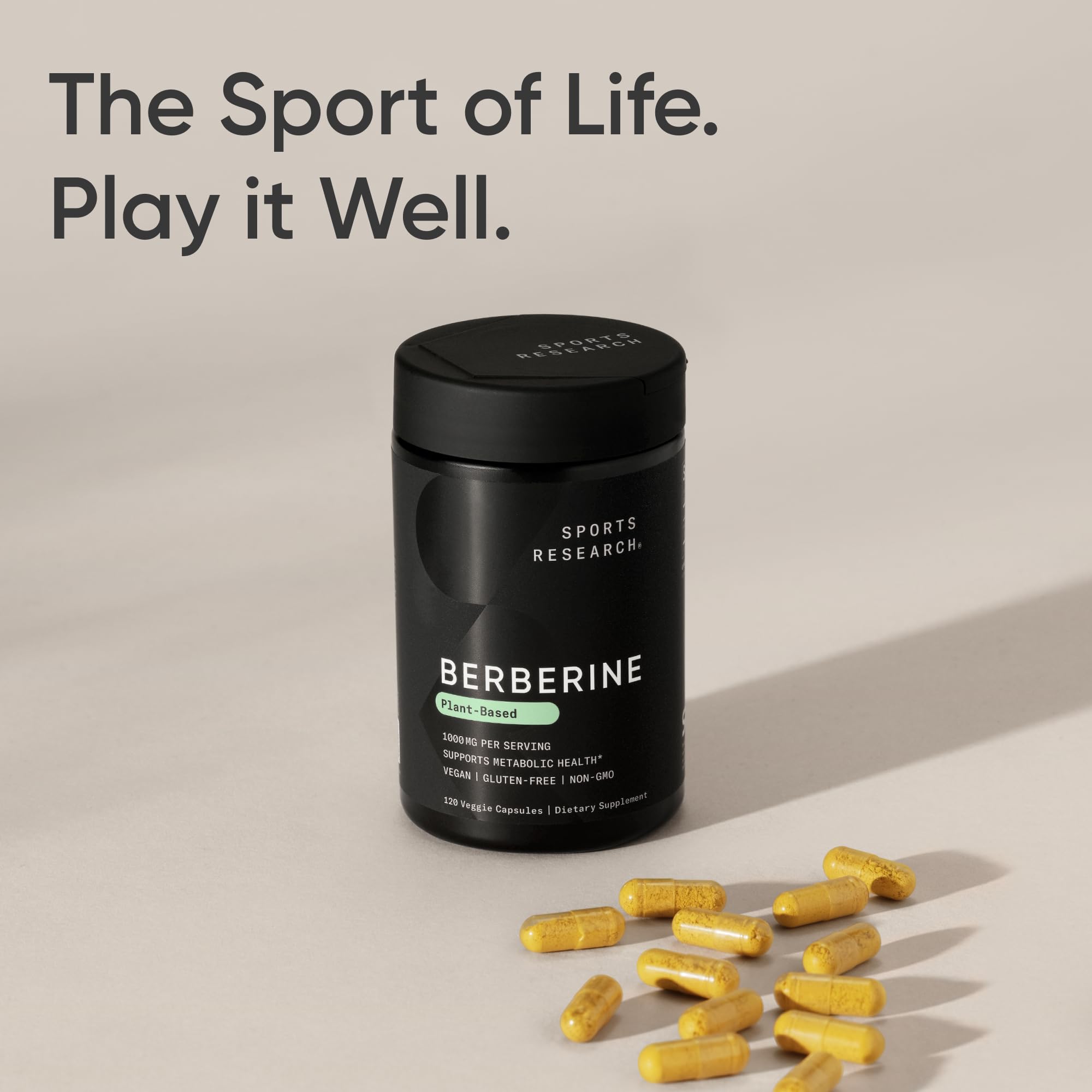 Serving size information visible on the Sports Research Berberine label.