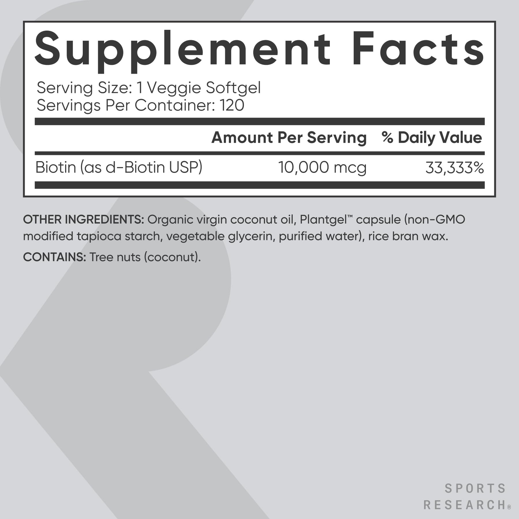Sports Research Biotin 10,000mcg bottle on shelf for daily consistency.