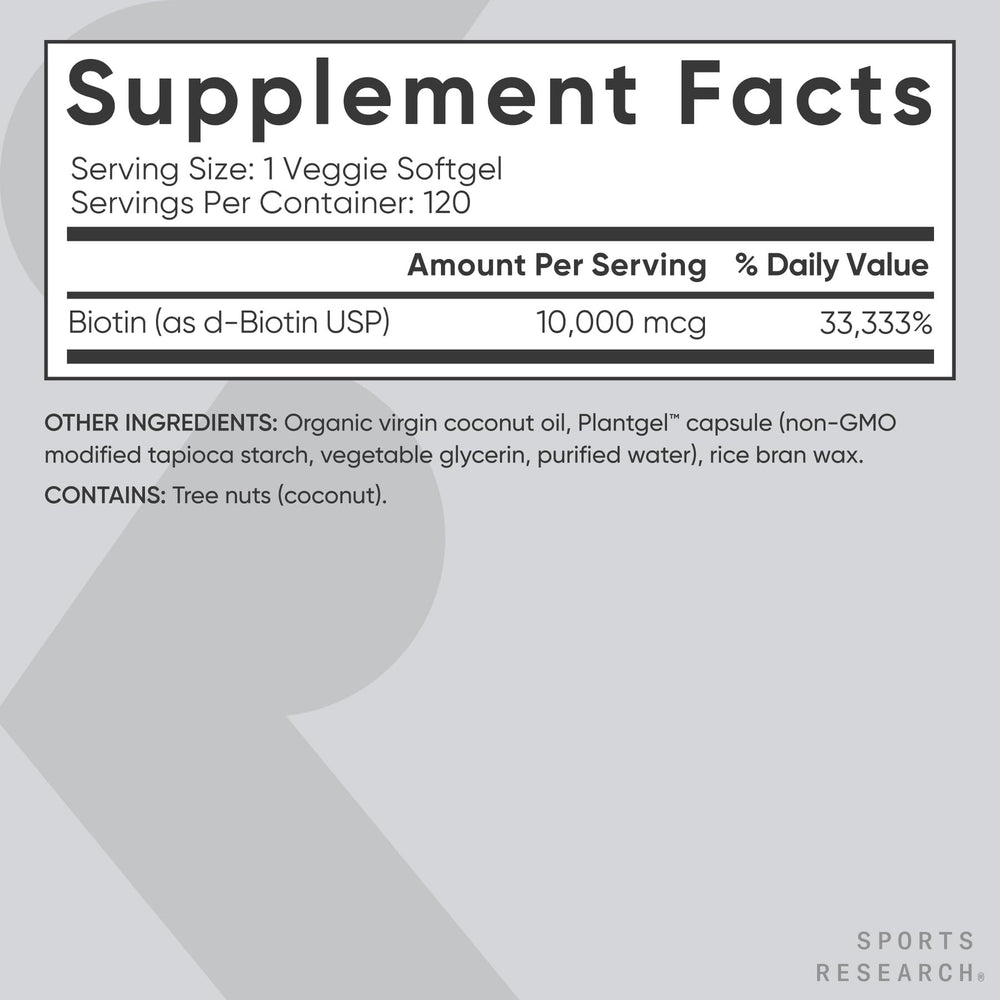 Sports Research Biotin 10,000mcg bottle on shelf for daily consistency.