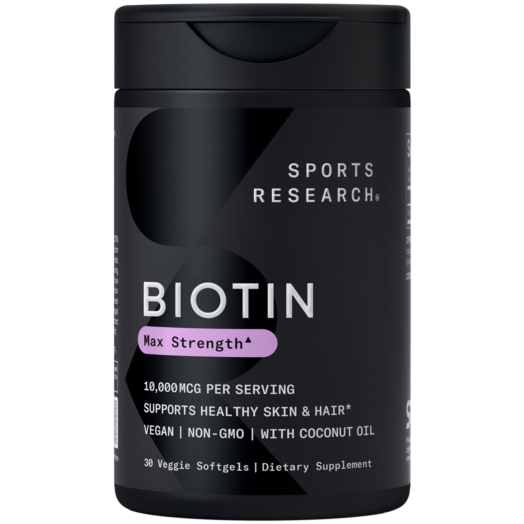 Sports Research Biotin 10,000 mcg bottle for daily use with organic coconut oil.