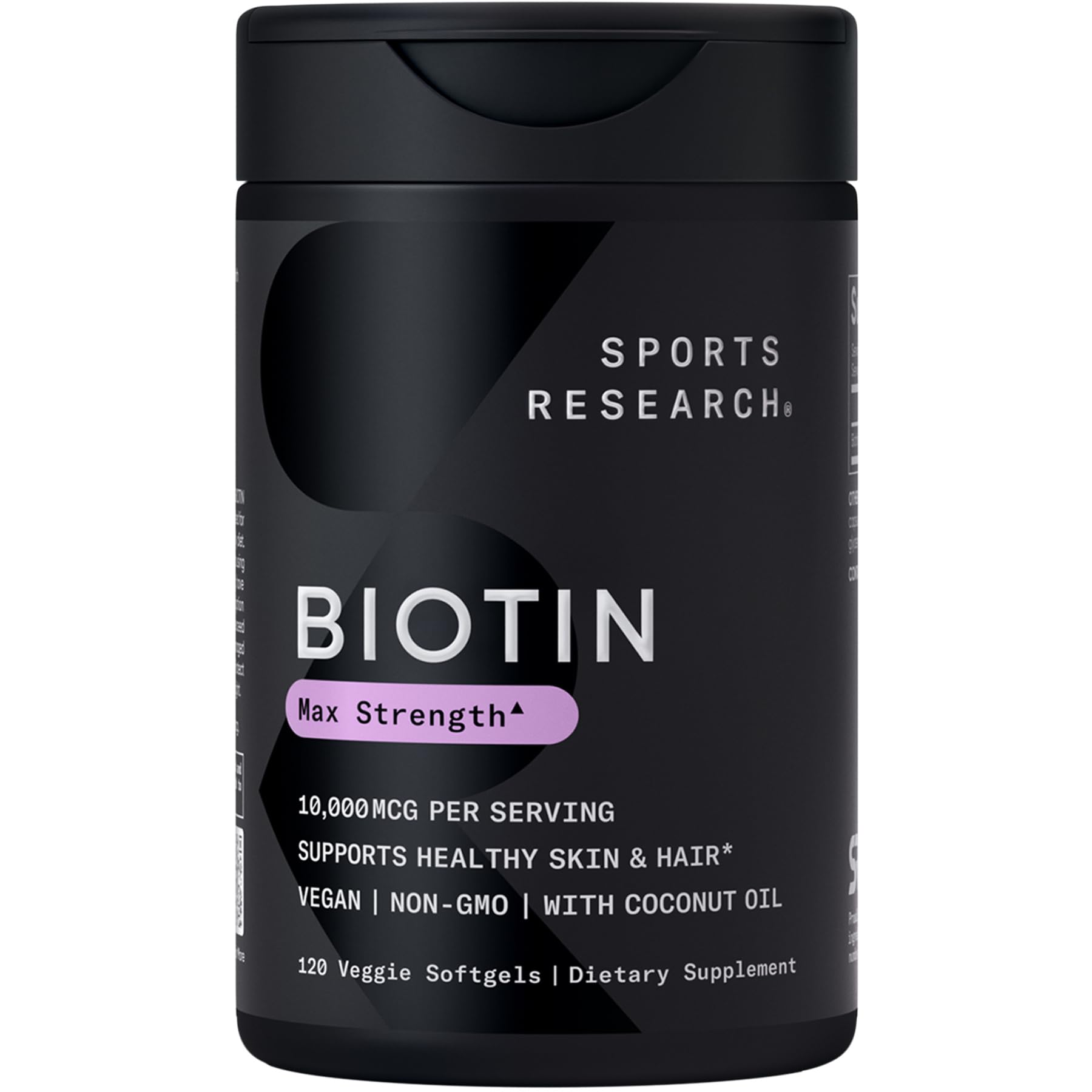 Sports Research Biotin 10,000mcg bottle with coconut oil for hair and skin support.