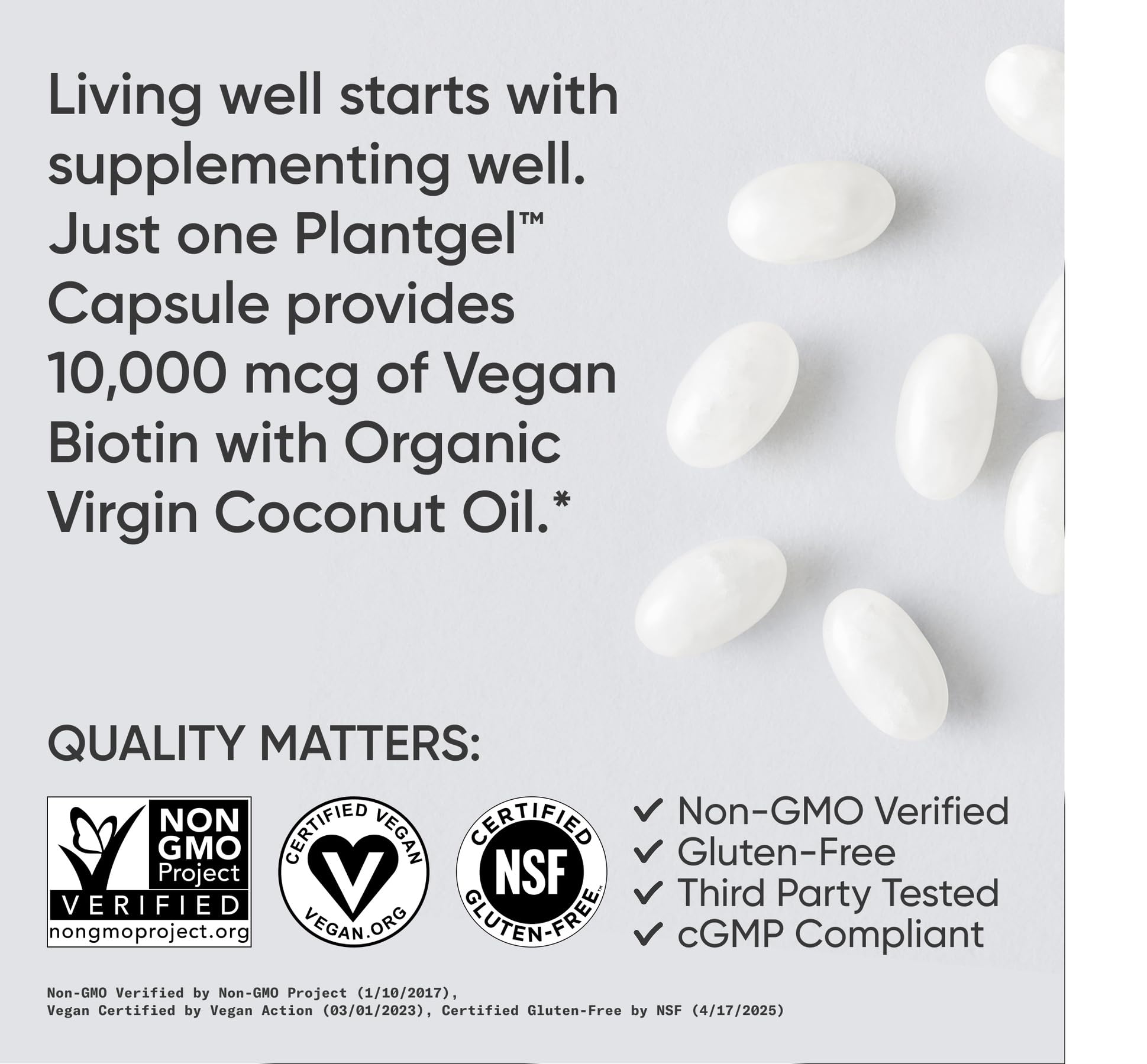 Sports Research Biotin 10,000mcg coconut oil bottle label highlighting organic care.