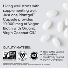 Sports Research Biotin 10,000mcg coconut oil bottle label highlighting organic care.