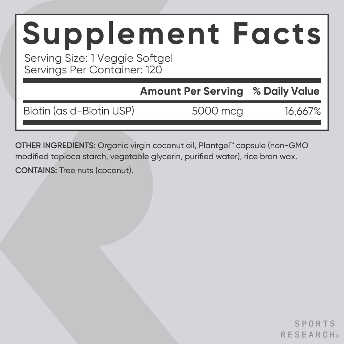 Sports Research Biotin coconut oil ingredient label emphasizing organic, non-GMO formula.