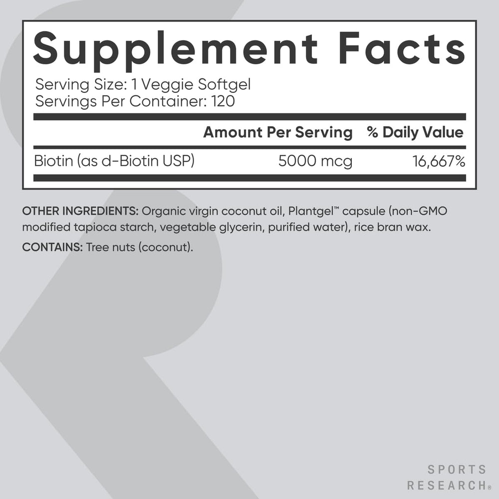 Sports Research Biotin coconut oil ingredient label emphasizing organic, non-GMO formula.