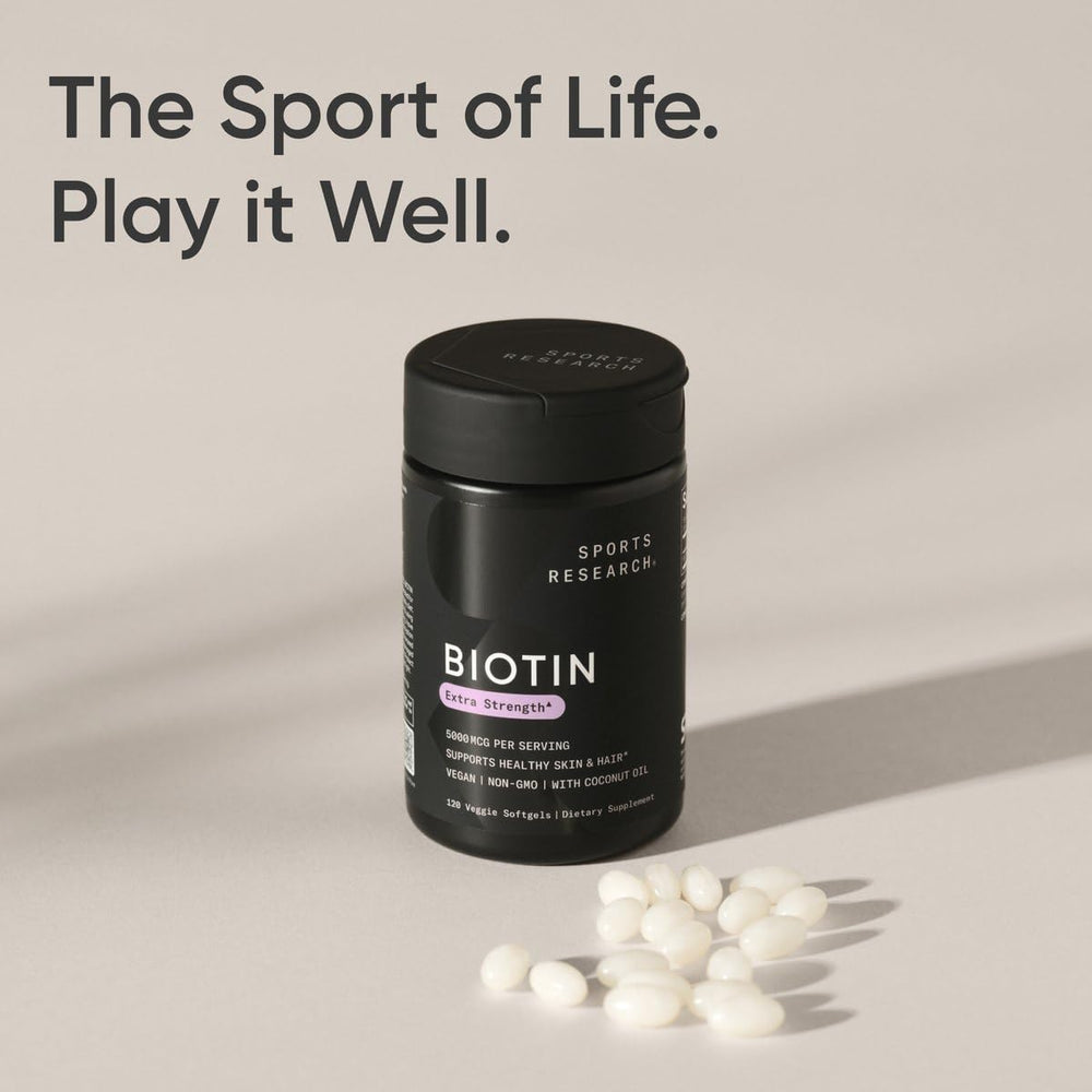Sports Research Biotin vegan-certified capsule with coconut oil for clean ingredients.