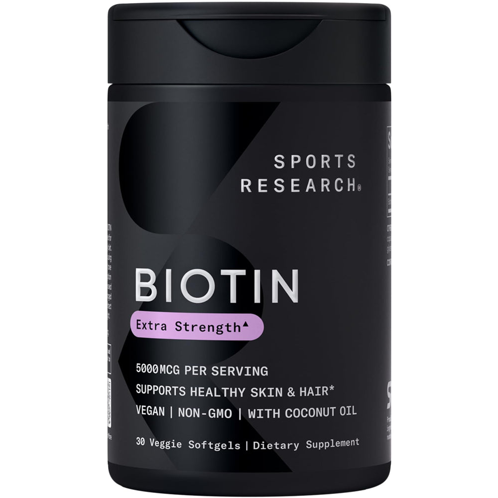 Sports Research Biotina 5000mcg, frasco visto, apoyo diario para cabello y piel