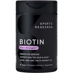 Sports Research Biotina 5000mcg, frasco visto, apoyo diario para cabello y piel
