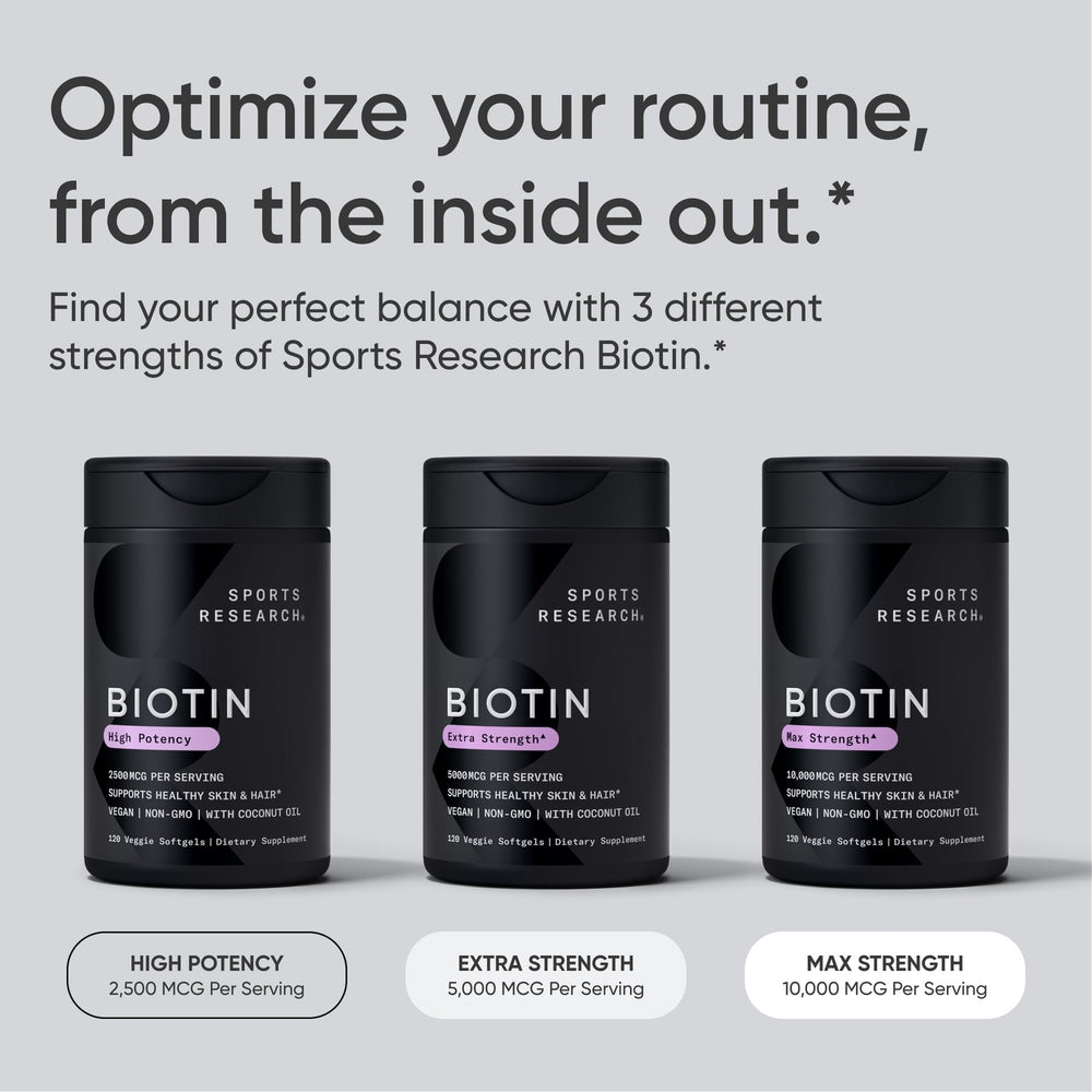 Sports Research Biotina 5000mcg, caja con información de beneficios