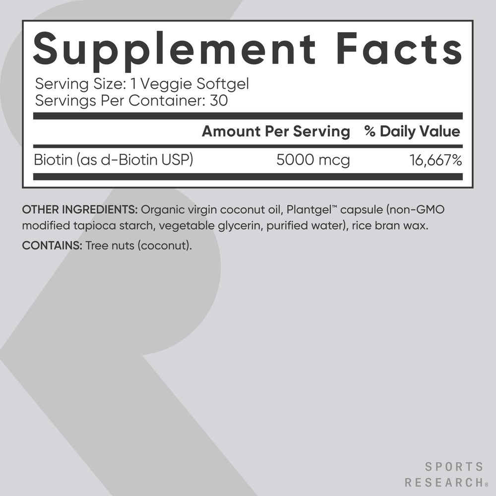 Sports Research Biotina 5000mcg, coco organico, absorción optimizada