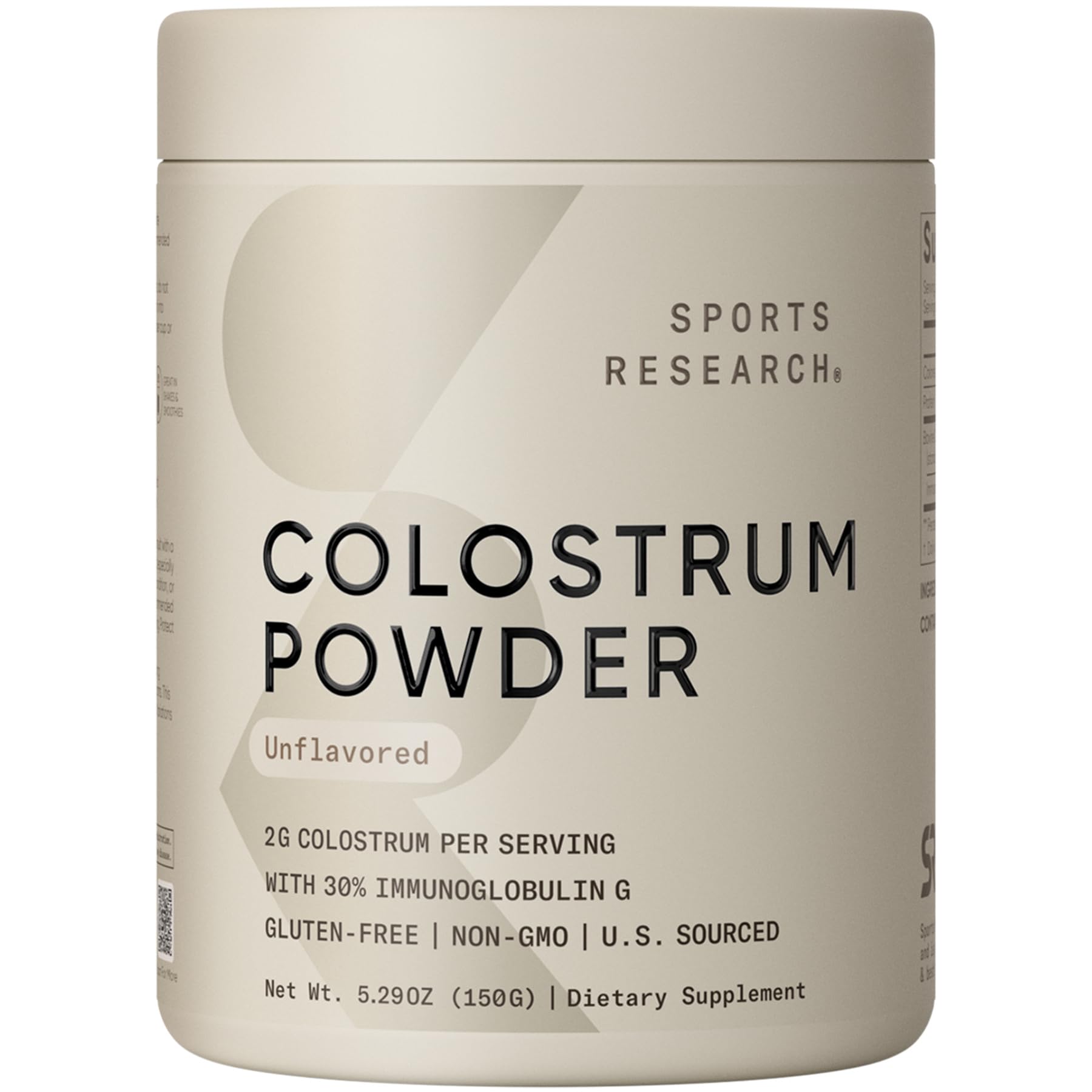 Sports Research bovine colostrum powder in a jar for potential gut support.