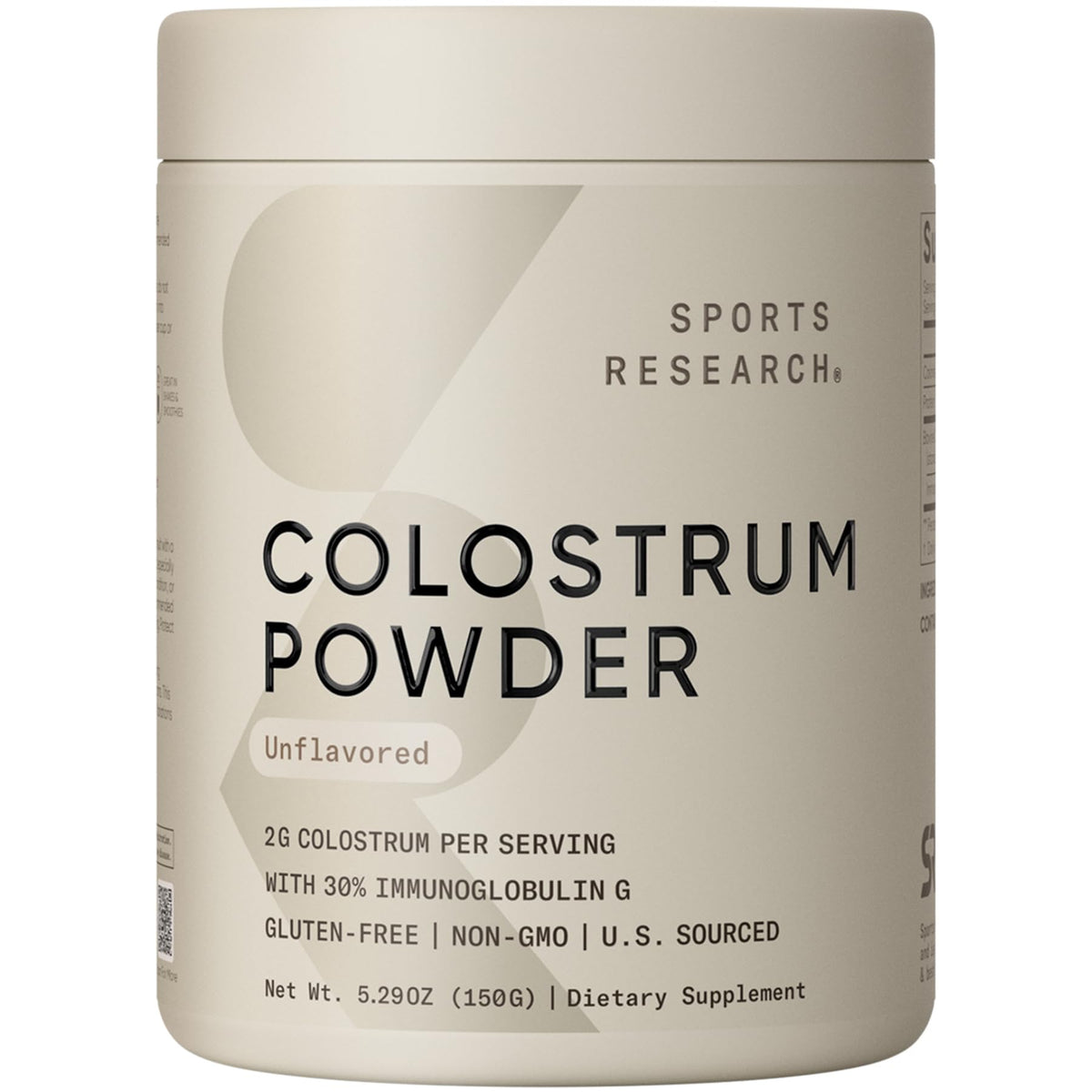 Sports Research bovine colostrum powder in a jar for potential gut support.