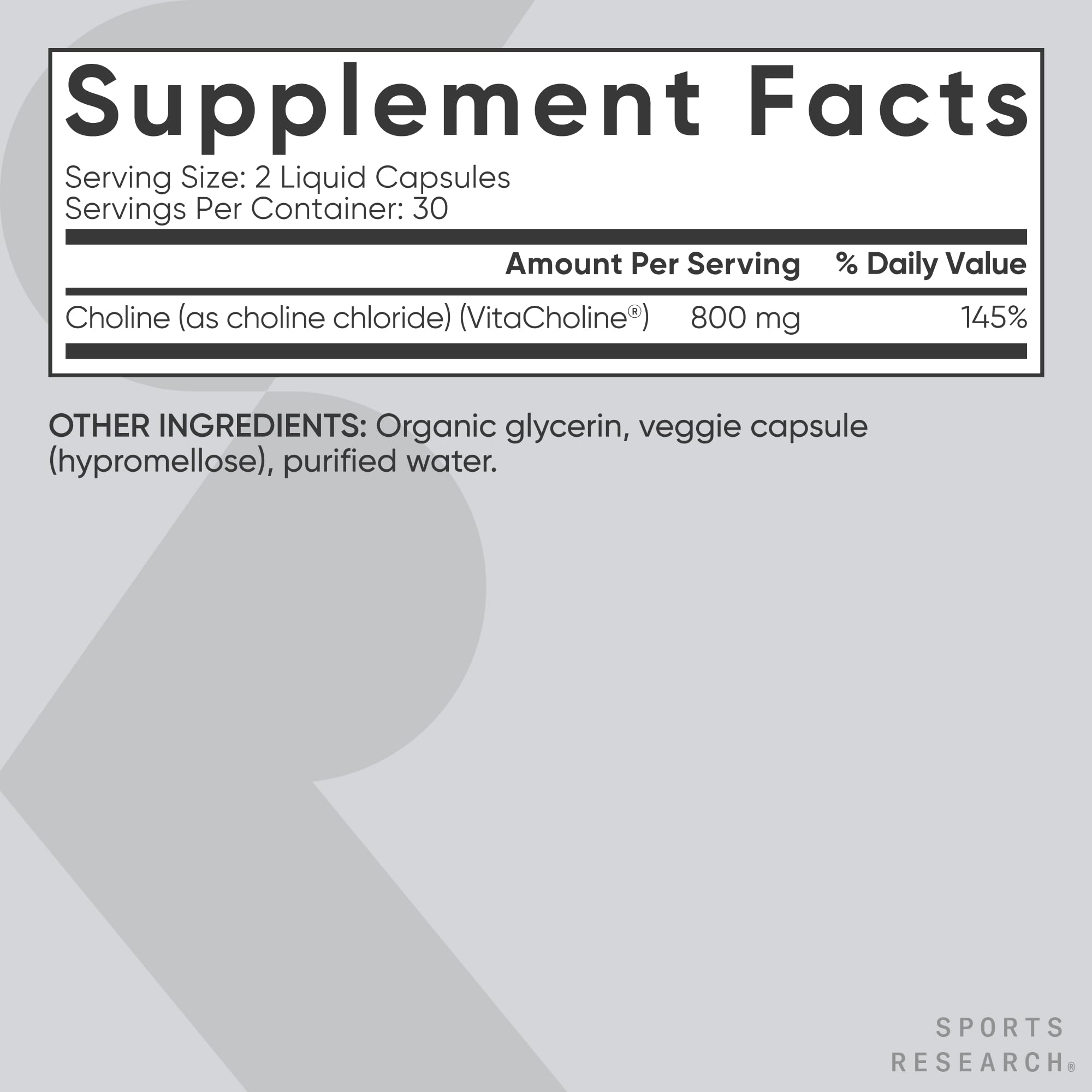 Sports Research Choline product with vegan, Non-GMO, gluten-free certification visible