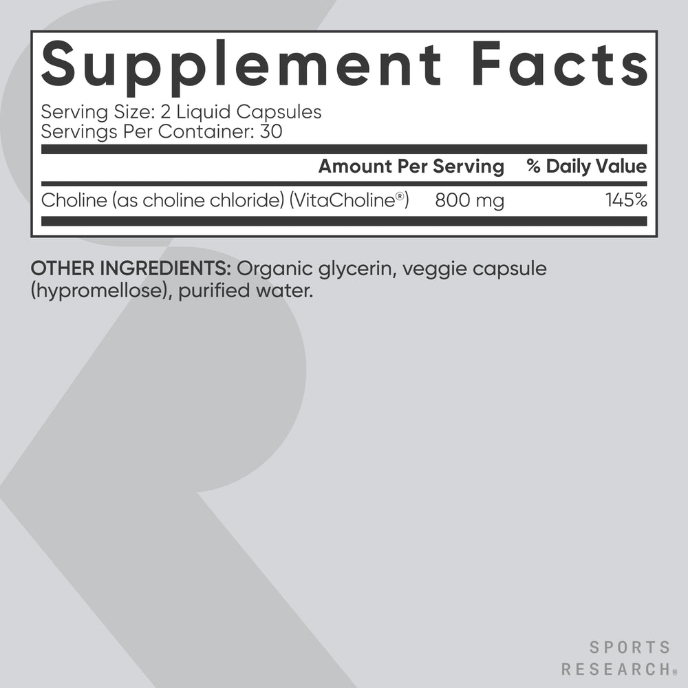 Sports Research Choline product with vegan, Non-GMO, gluten-free certification visible