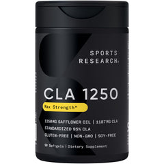 Sports Research CLA 1250mg softgel bottle front with clear label.