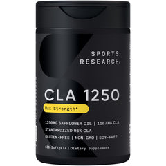Sports Research CLA bottle front view with workout cues for daily fat metabolism support.