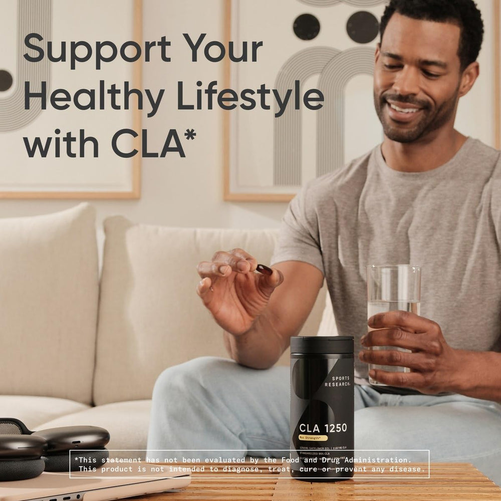 Sports Research CLA bottle pouring softgels into hand.