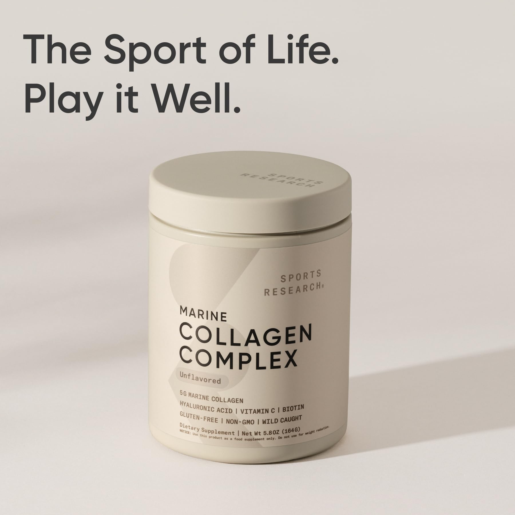 Sports Research Collagen Beauty Complex label confirms non-GMO and pescatarian.