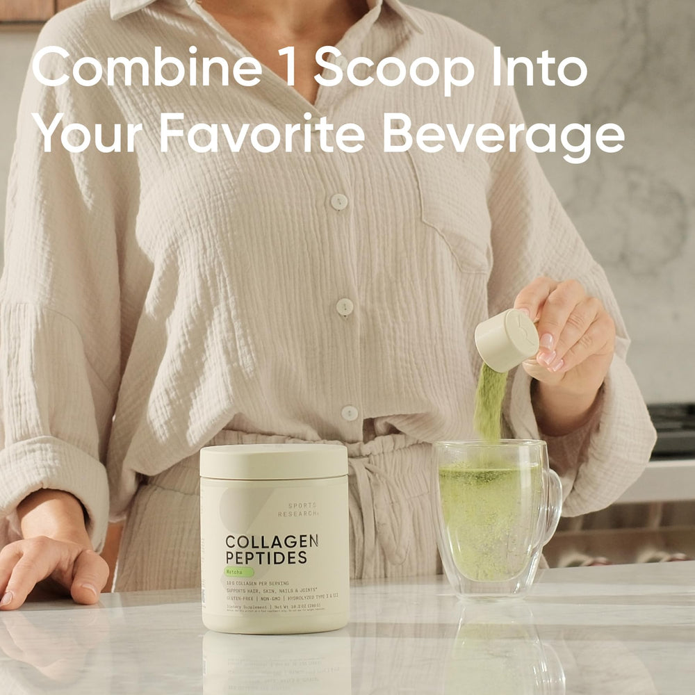 Sports Research collagen-matcha shake—creamy texture with natural caffeine.