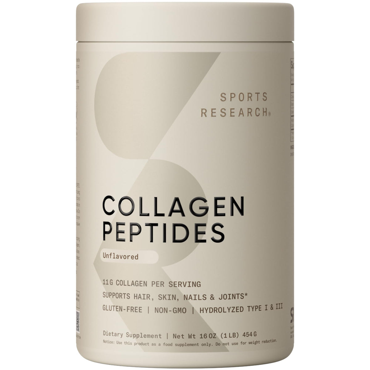 Sports Research Collagen Peptides bottle label close-up indicating quality and trust