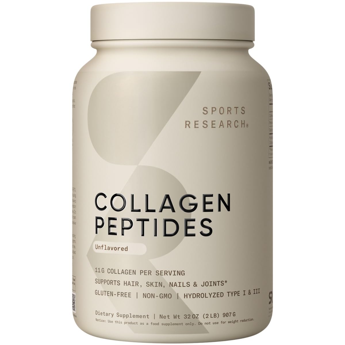 Sports Research Collagen Peptides bottle side for easy daily use and joint support.