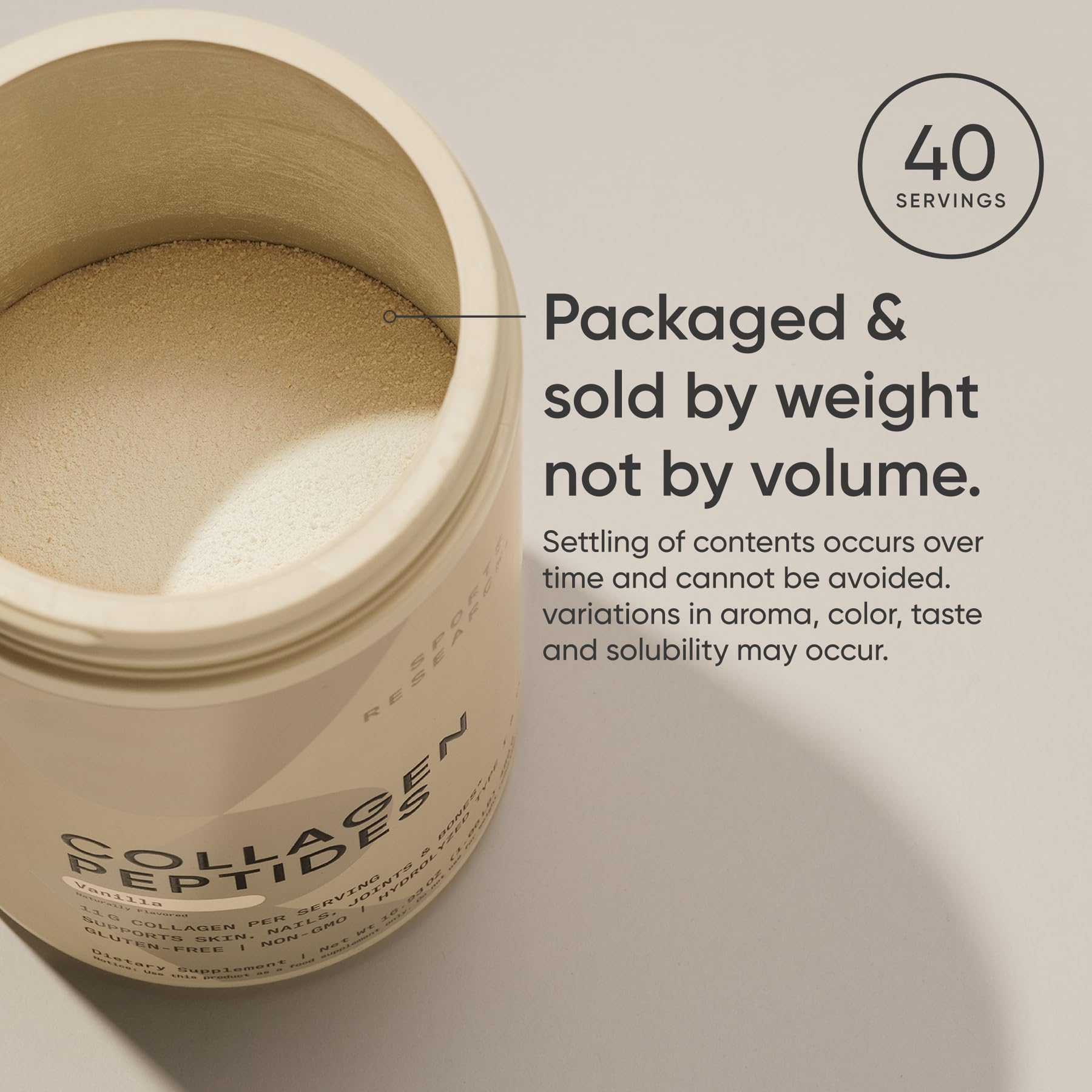 Sports Research Collagen Peptides closeup label emphasizes Type I & III collagen.