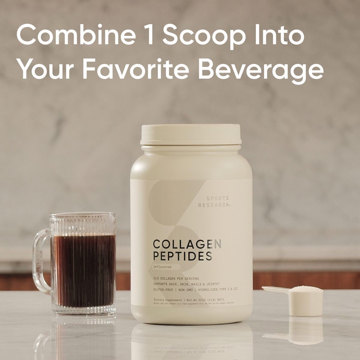 Sports Research Collagen Peptides being stirred into coffee, highlighting convenient creamer option.