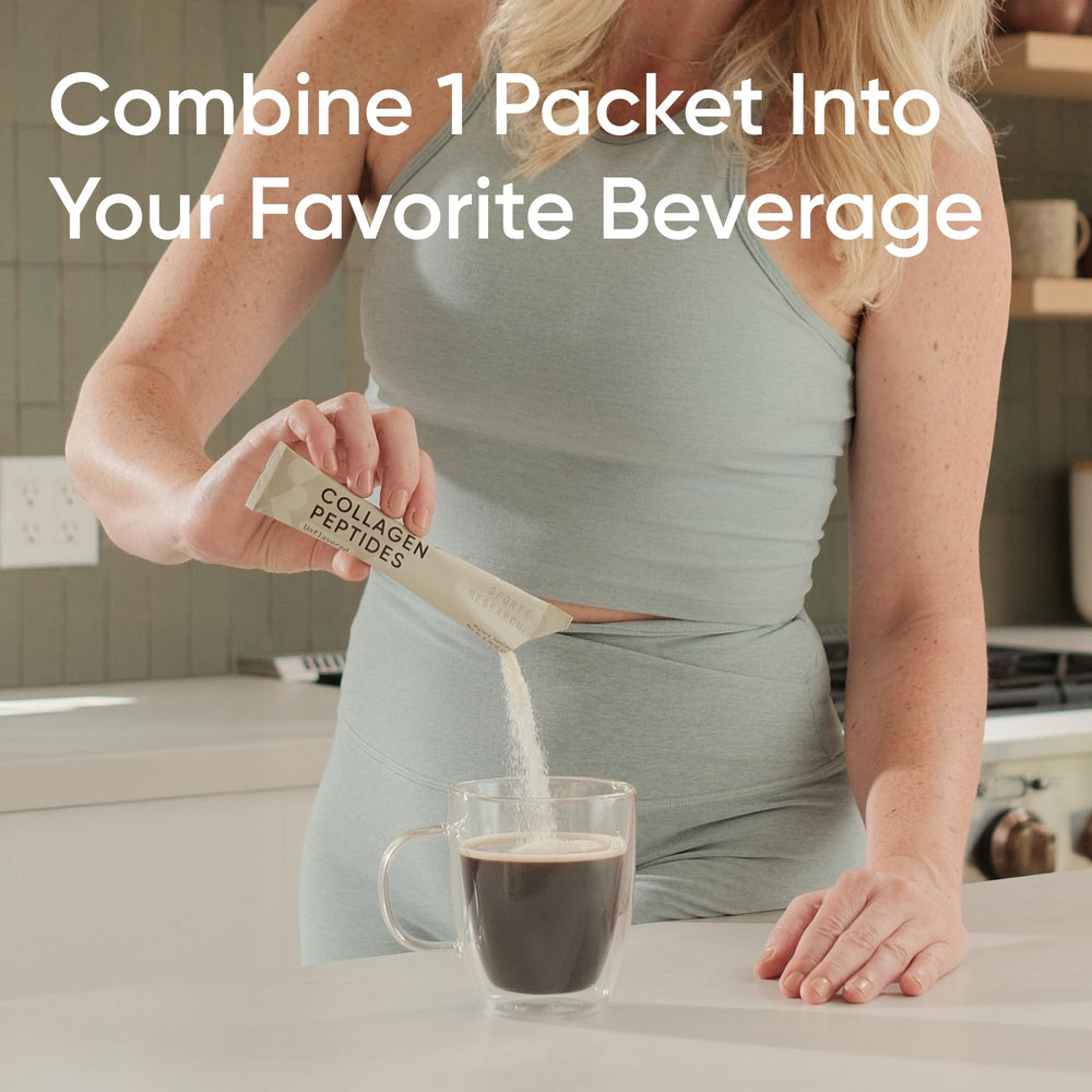 Sports Research Collagen Peptides in a coffee cup for a simple morning boost.