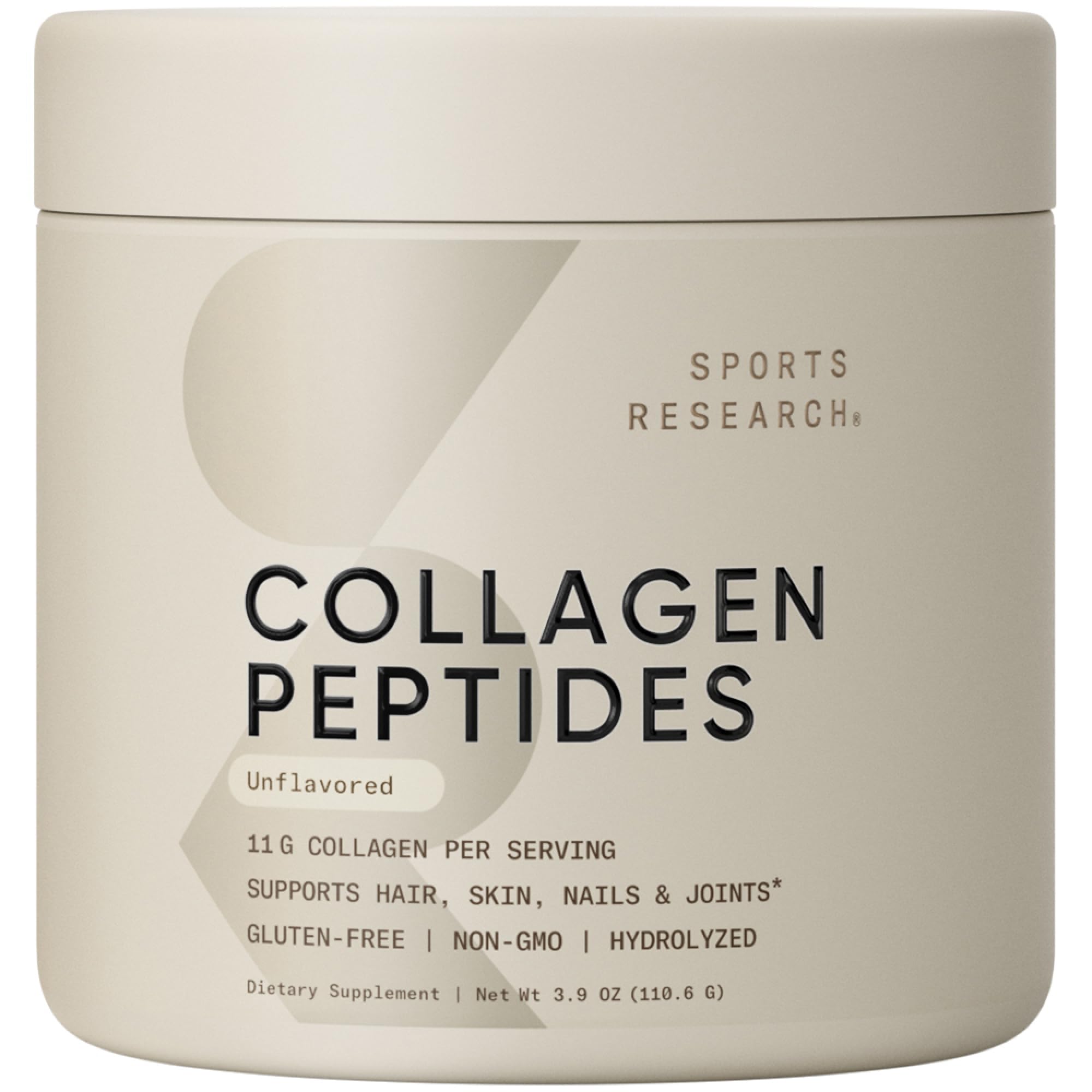 Sports Research Collagen Peptides scoop beside a glass, supporting daily protein intake.
