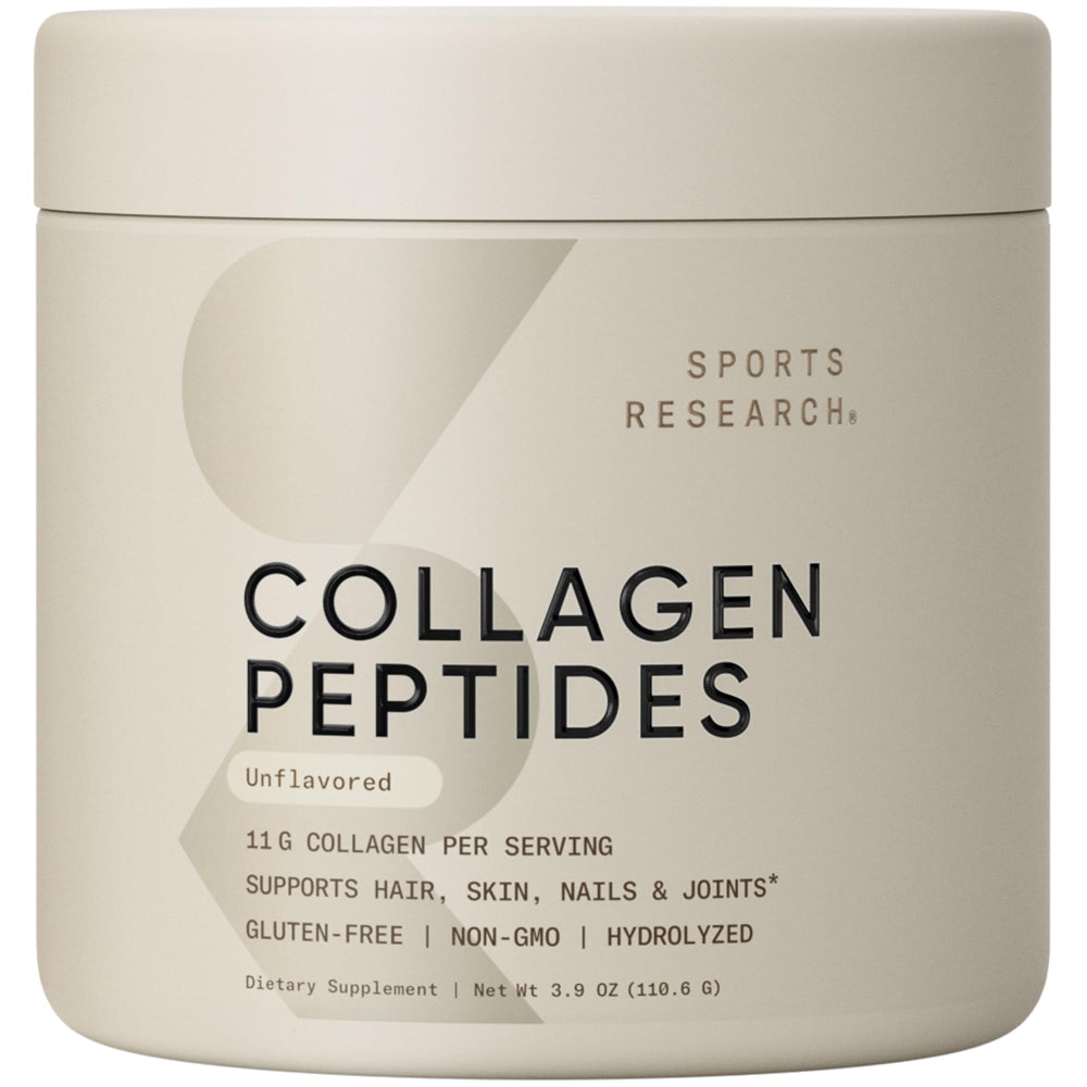 Sports Research Collagen Peptides scoop beside a glass, supporting daily protein intake.