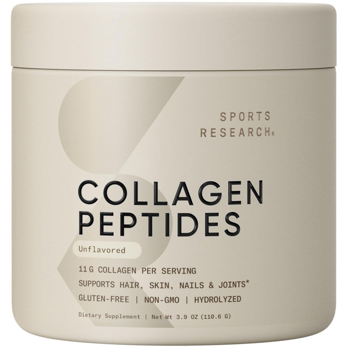 Sports Research Collagen Peptides scoop beside a glass, supporting daily protein intake.