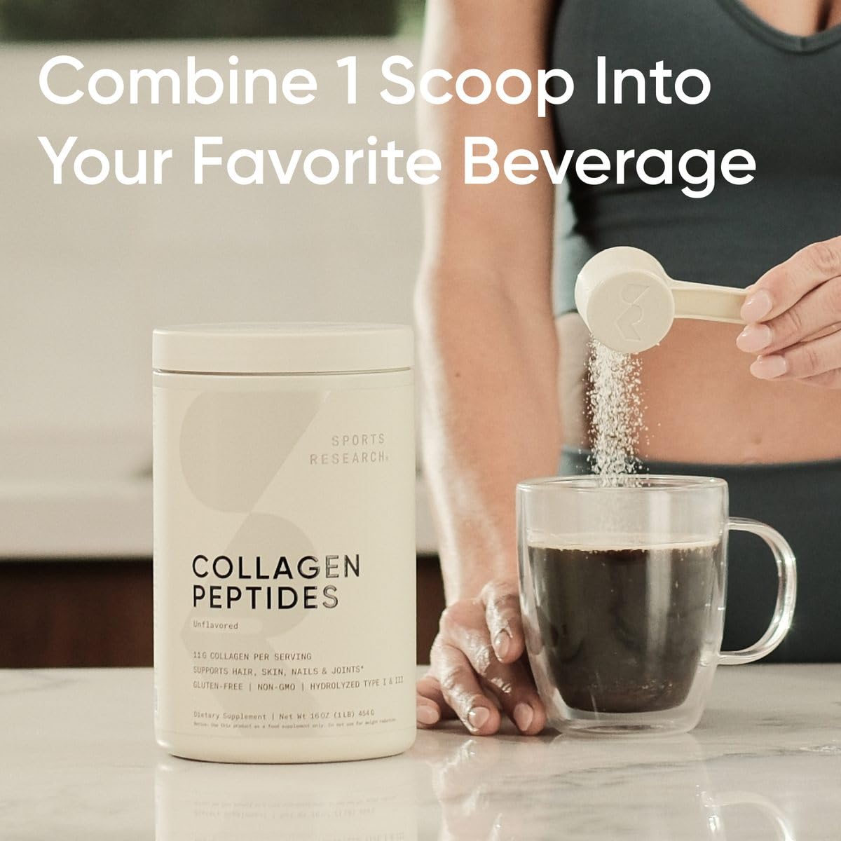 Sports Research Collagen Peptides smoothie image, blends easily into healthy drinks.