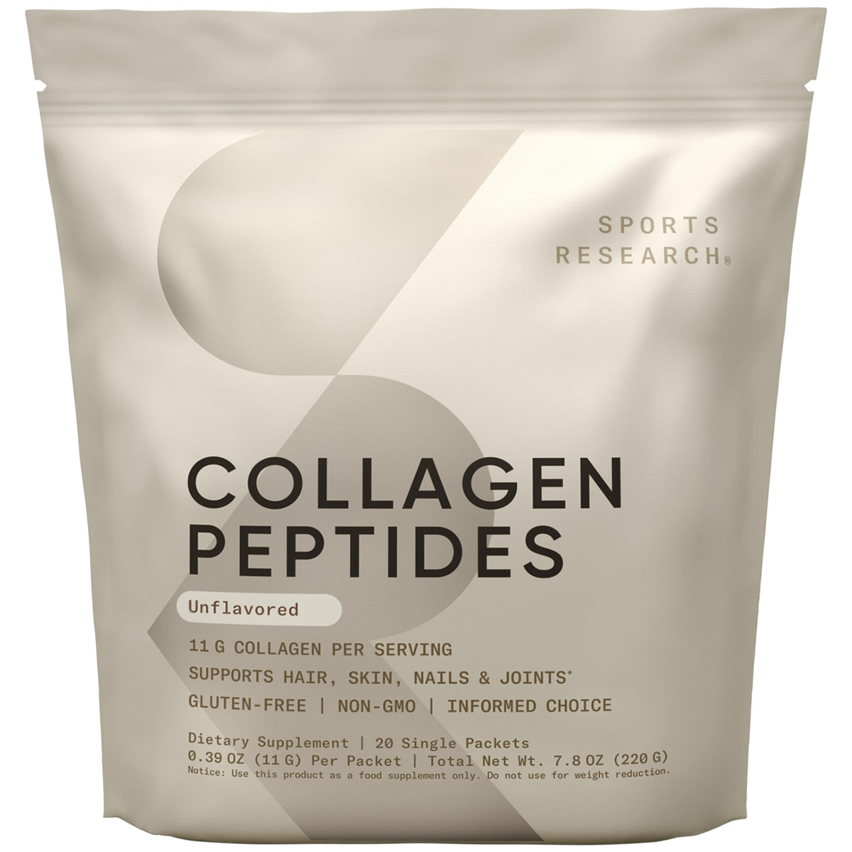 Sports Research Collagen Peptides tub label highlighting the high-absorption formula.