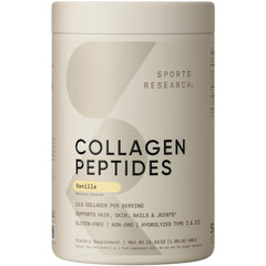 Sports Research Collagen Peptides vanilla bottle showcases skin and joint support.