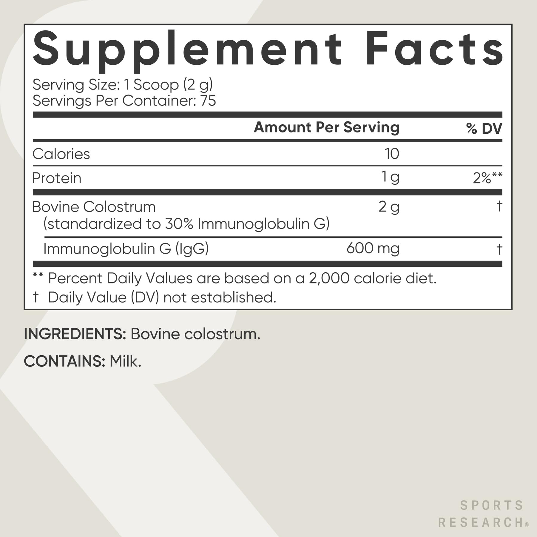Sports Research colostrum powder being poured into a glass.