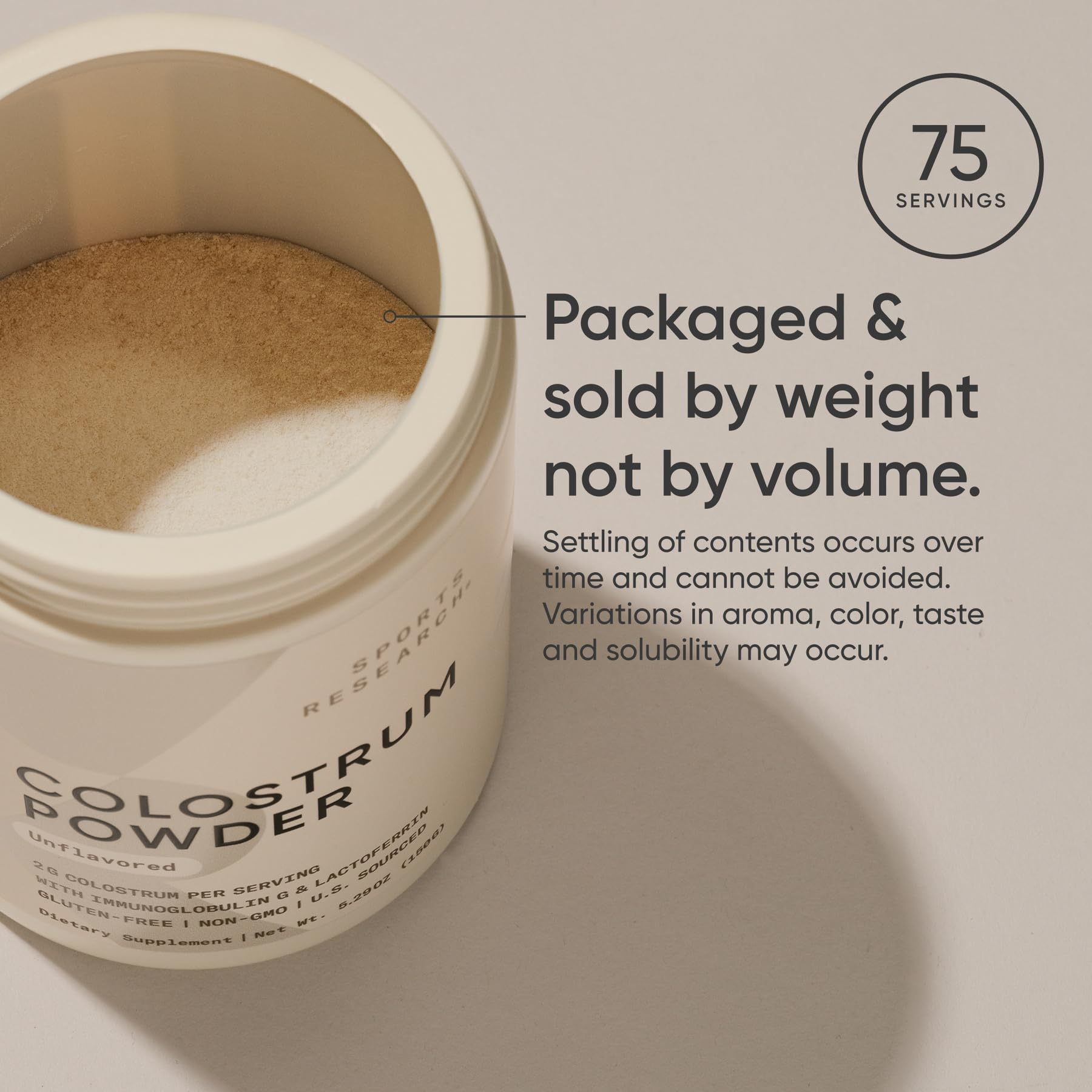 Sports Research colostrum powder nutrition label close-up.