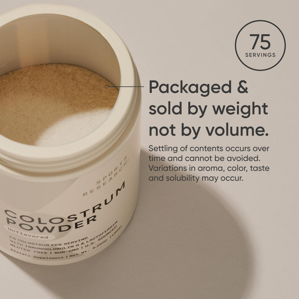 Sports Research colostrum powder nutrition label close-up.