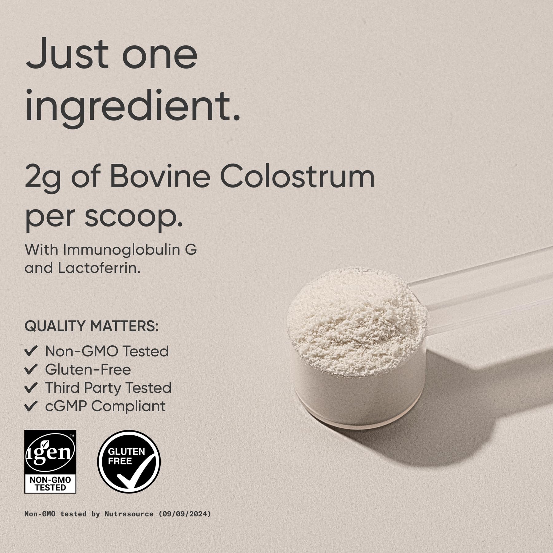 Sports Research colostrum powder scoop shows two grams per serving.