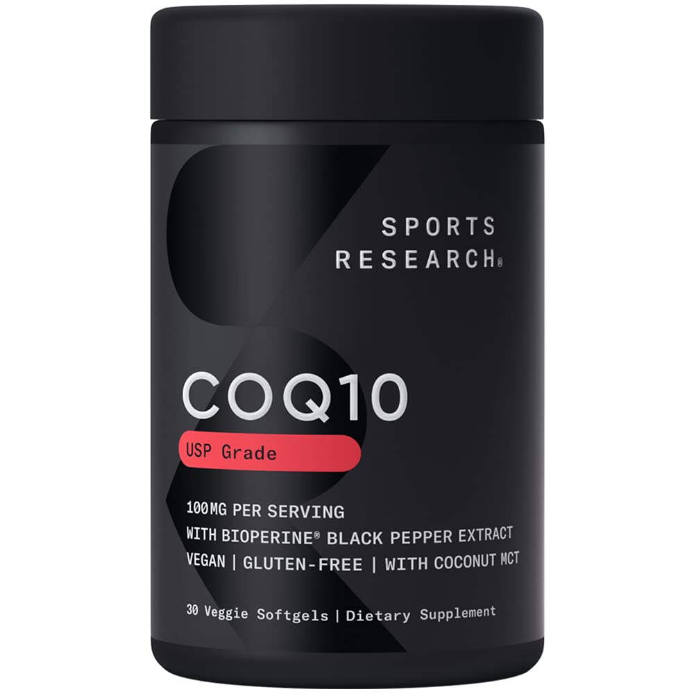 Sports Research CoQ10 bottle front with enhanced formula for daily energy support.