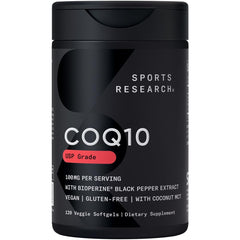 Sports Research CoQ10 bottle front view in a clean setting for daily energy support