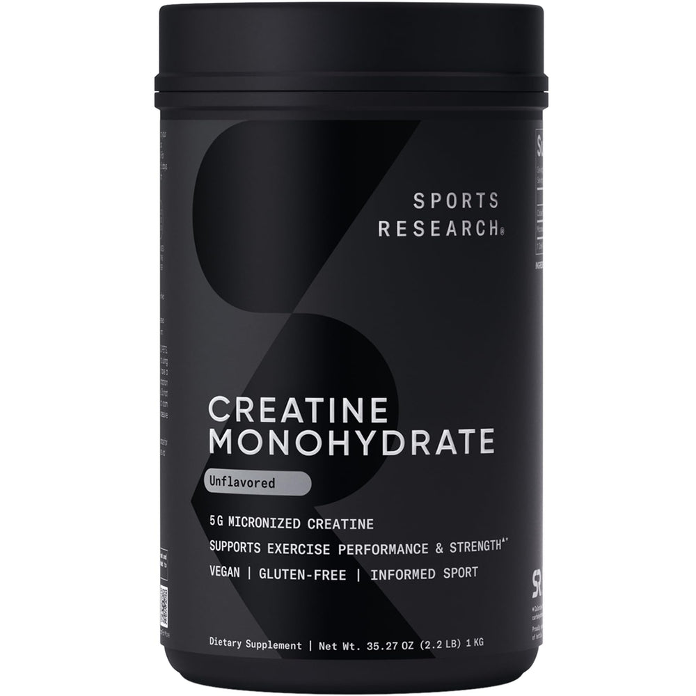 Sports Research Creatine Monohydrate bottle and scoop for daily loading and lean muscle support.