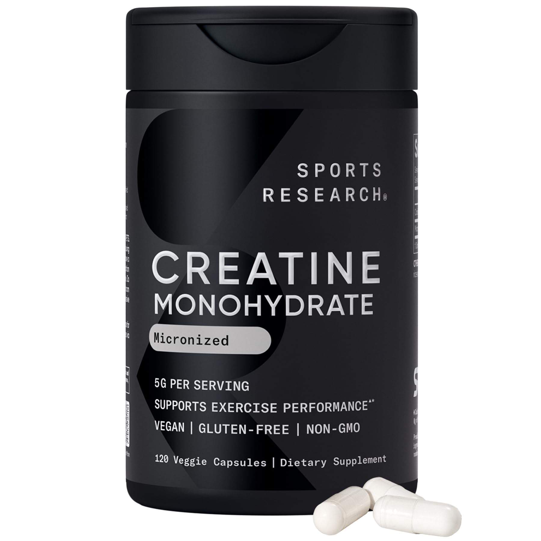 Sports Research Creatine Monohydrate capsules in bottle support training energy and recovery.