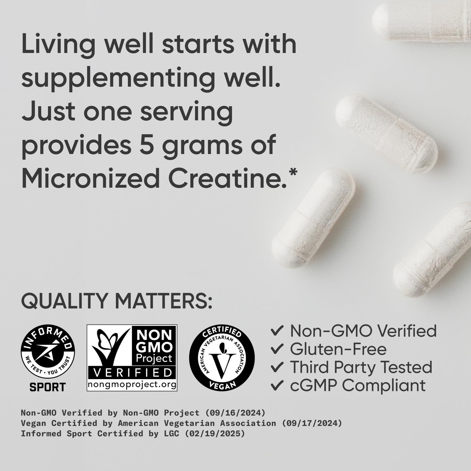 Sports Research Creatine Monohydrate serving shows 5 g per serving.