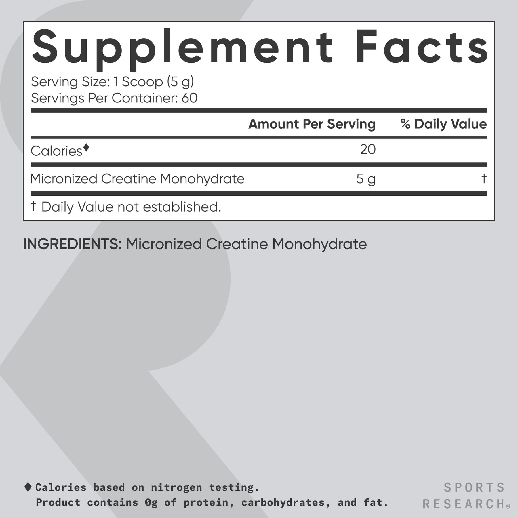 Sports Research Creatine Monohydrate container emphasizes vegan, non-GMO, and sport-tested credentials.