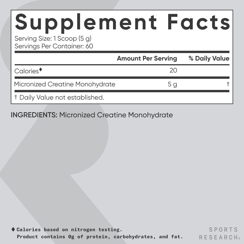 Sports Research Creatine Monohydrate container emphasizes vegan, non-GMO, and sport-tested credentials.