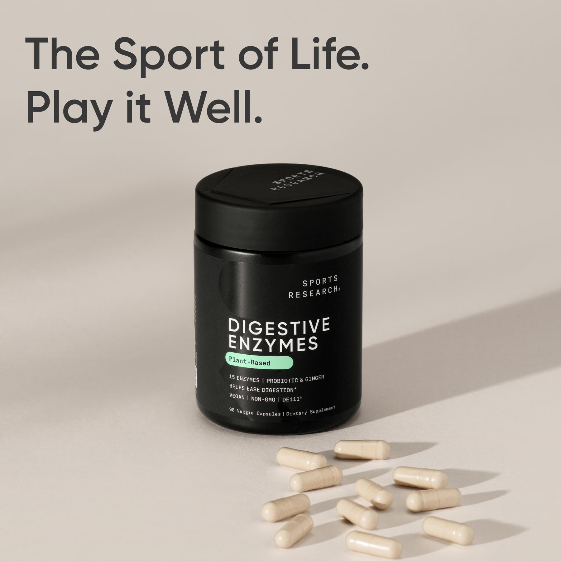 Sports Research Digestive Enzymes label highlights 15 enzymes and ginger
