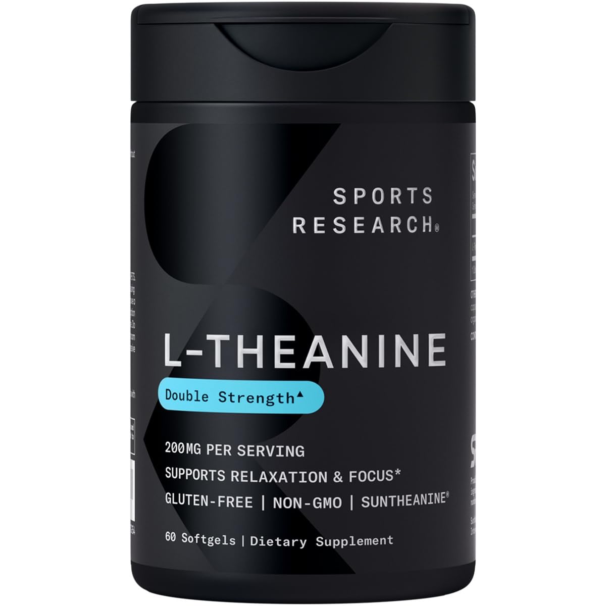 Sports Research double-strength L-Theanine softgels bottle front view for calm focus.